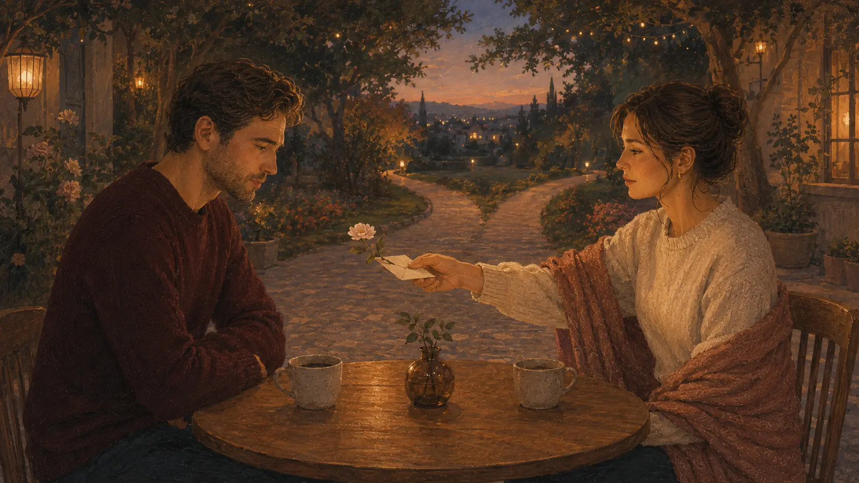 花园餐桌旁，一位女士温和退回花与卡片，两条小径在身后分开。